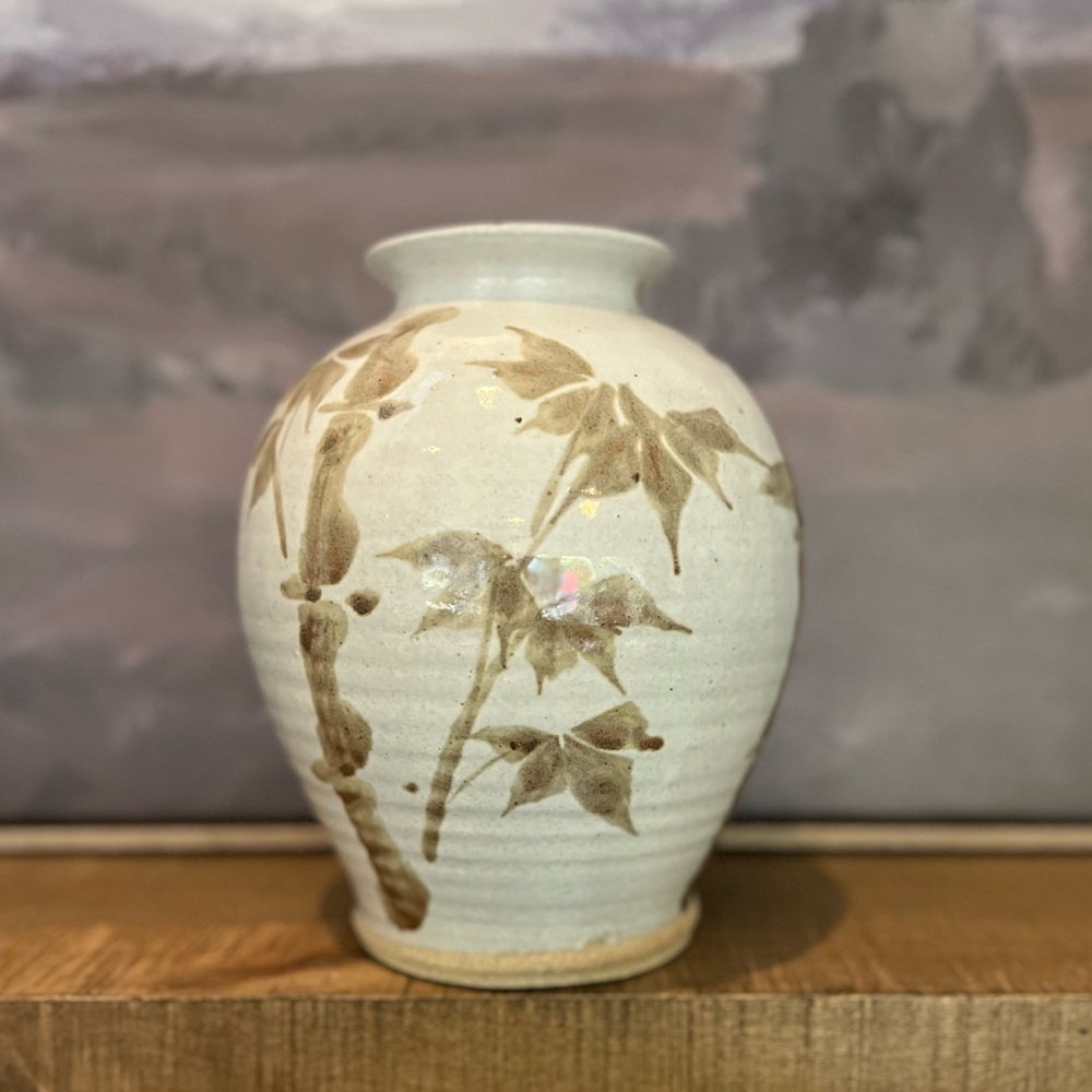 Vintage Asian Stoneware 10” Vase | Hand-Painted Bamboo Motif